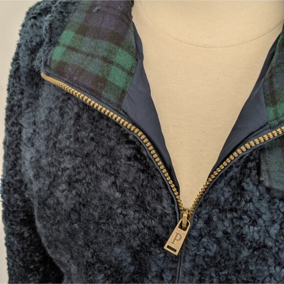Women's Pendleton Fuzzy Zip Navy Plaid Fleece Jacket Medium Pockets Fall - Picture 7 of 10